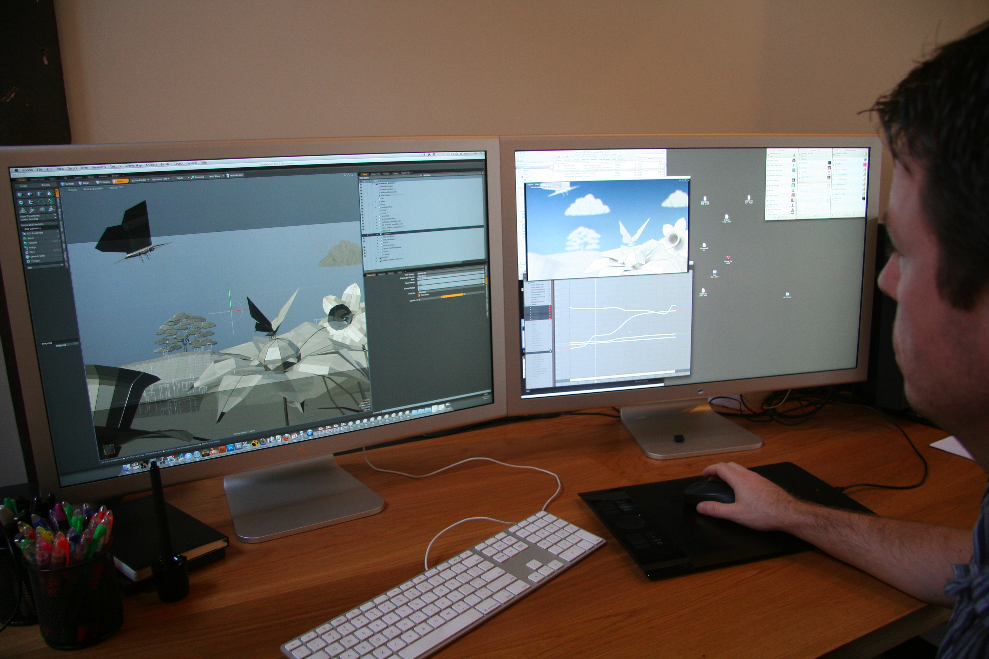 Digital Origami Scene: Butterflies and Flower