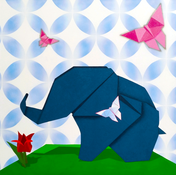 Origami Elephant, Butterflies, and Tulip